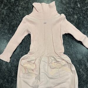 Lili Gaufrette Pink Dress w/ Bows on Pockets and Matching Tights - Girls size 6